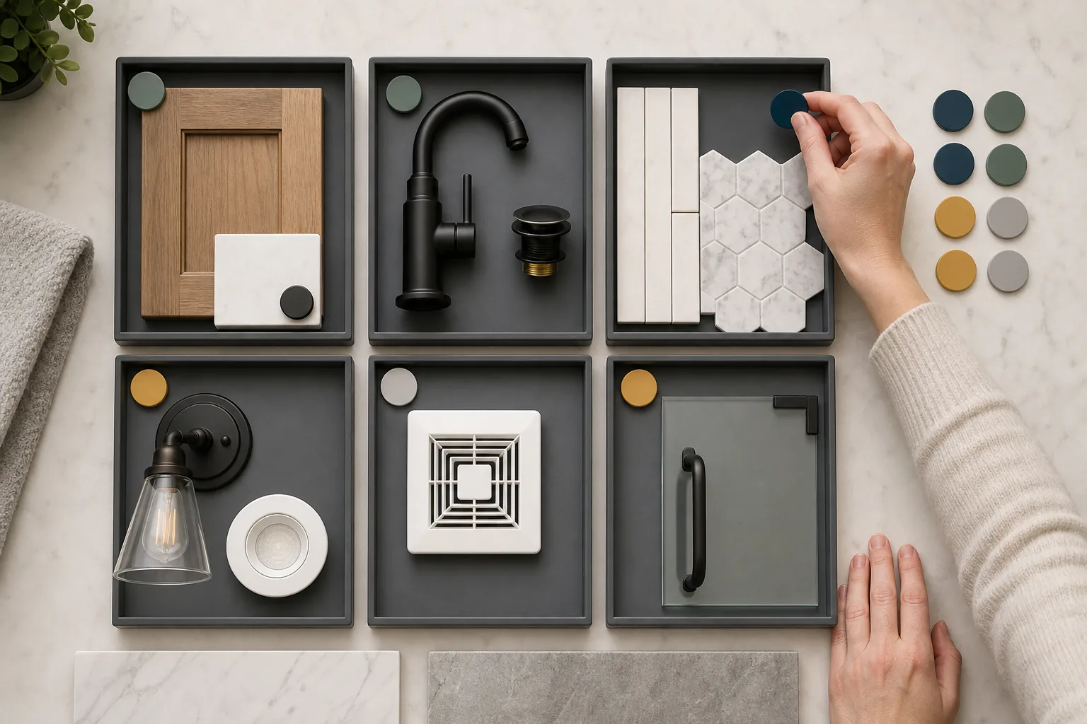 A homeowner reviews various tile samples, faucet finishes, and vanity materials laid out on a table, making specific selections for a bathroom remodel.