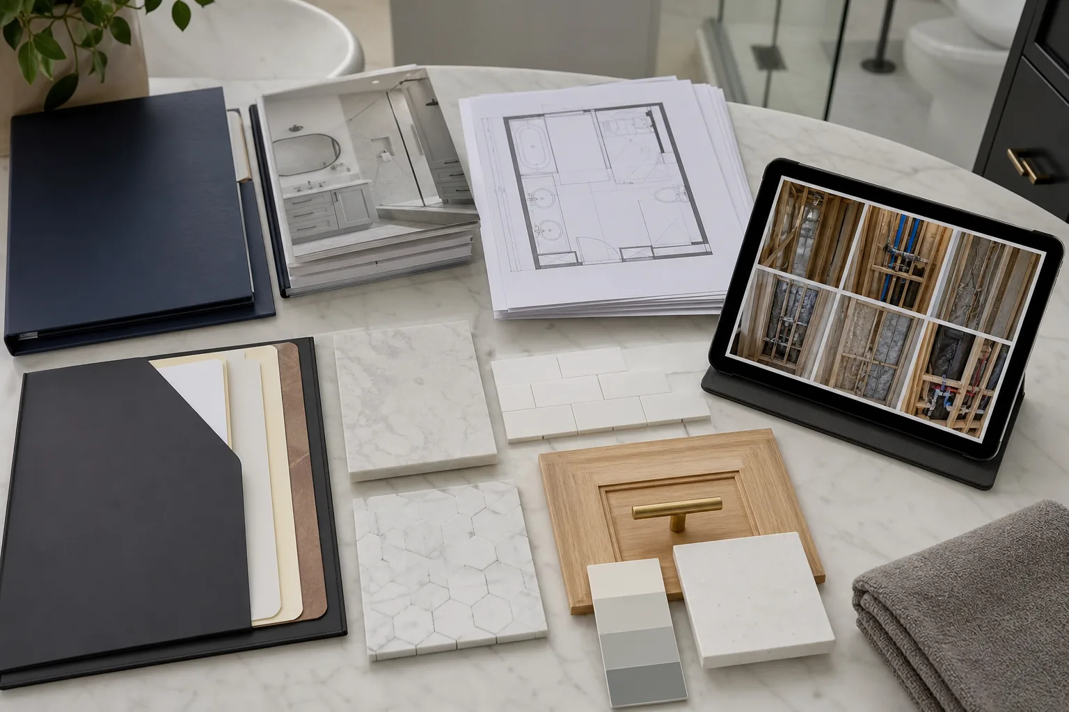 A neatly organized binder with tabs labeled 'Layout', 'Fixtures', 'Materials', 'Electrical', and 'Notes', ready to be handed to a contractor.