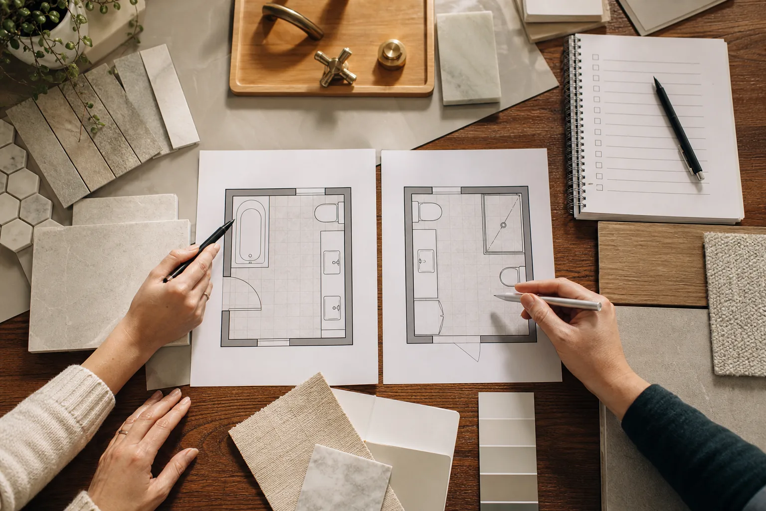 Detailed blueprint of a bathroom layout showing plumbing fixtures, walls, and dimensions.