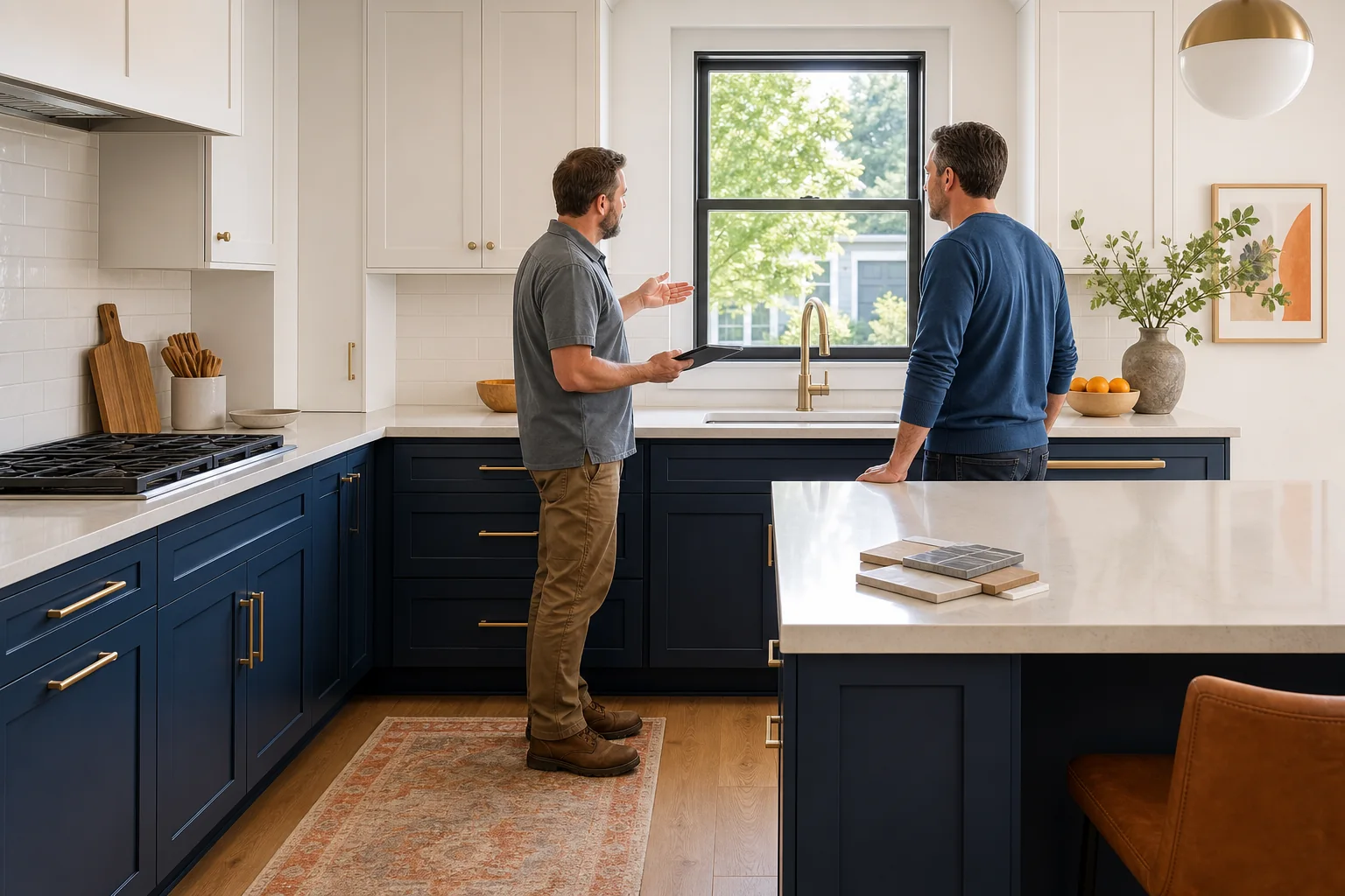 Kitchen cabinets being installed by a professional, showing tools and careful alignment.