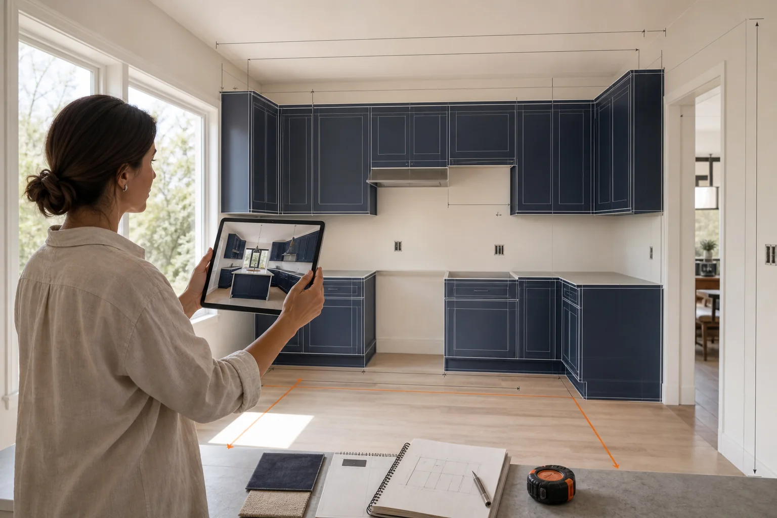 Detailed kitchen cabinet layout plan showing dimensions, cabinet types, and appliance placements.