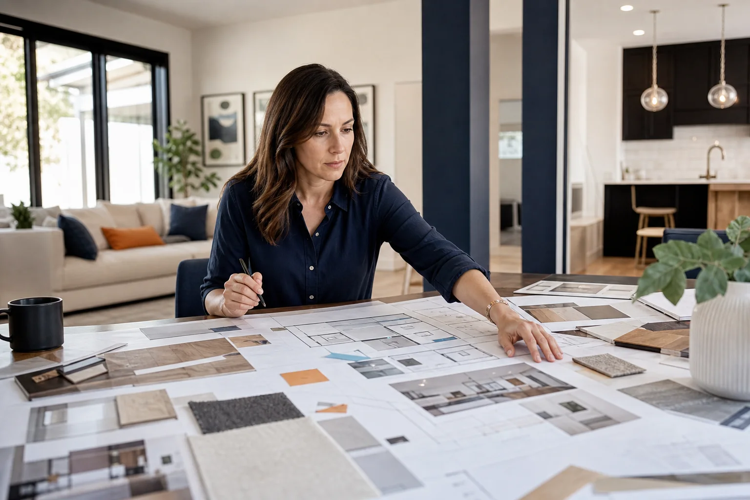 A homeowner reviewing a complex Gantt chart project schedule with a contractor, highlighting a section showing a schedule delay due to a change order.