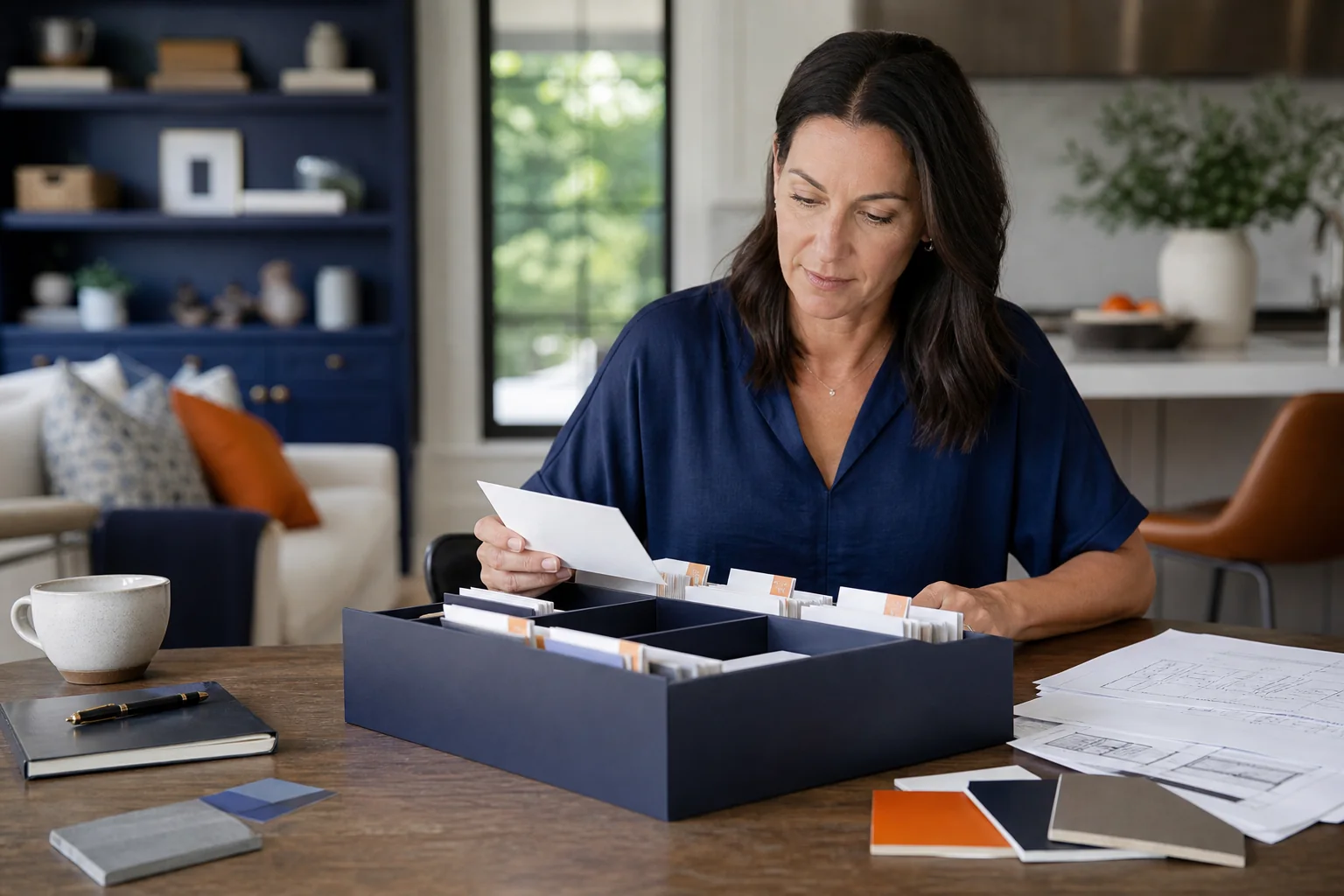 A homeowner meticulously organizing a binder filled with renovation documents, including a stack of signed change orders and invoices.