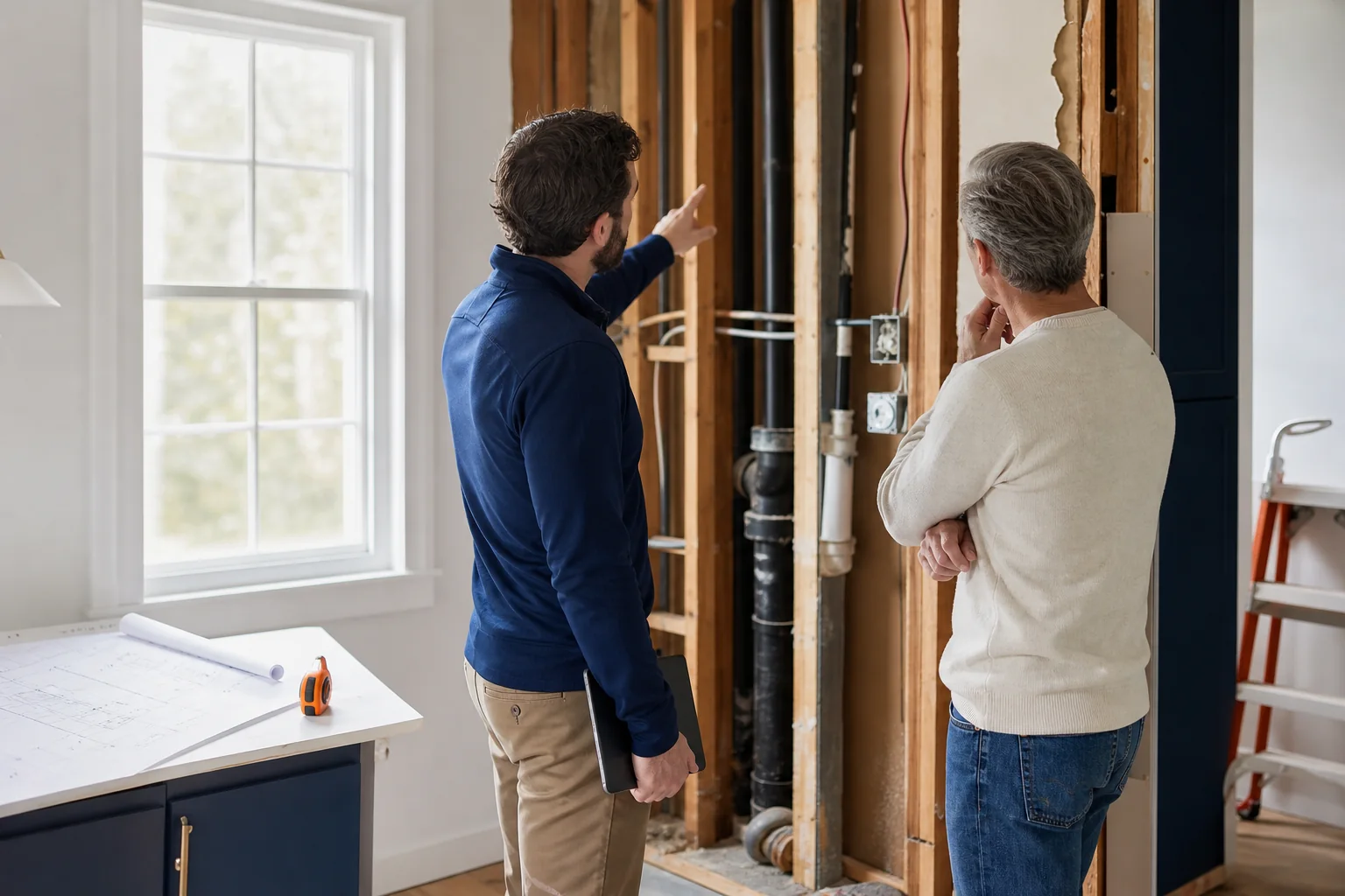 A construction worker pointing at exposed, corroded pipes behind a removed wall section, illustrating an unforeseen condition during renovation.