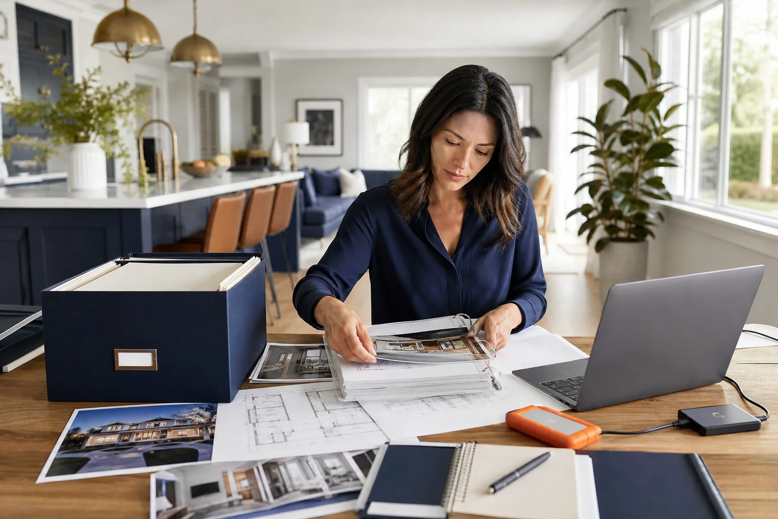 Organized binders and digital files representing a homeowner's renovation archive, with labels for different project aspects.