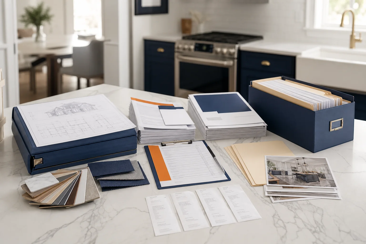 A stack of renovation documents including contracts, invoices, and warranties, with a pen and glasses on a desk.