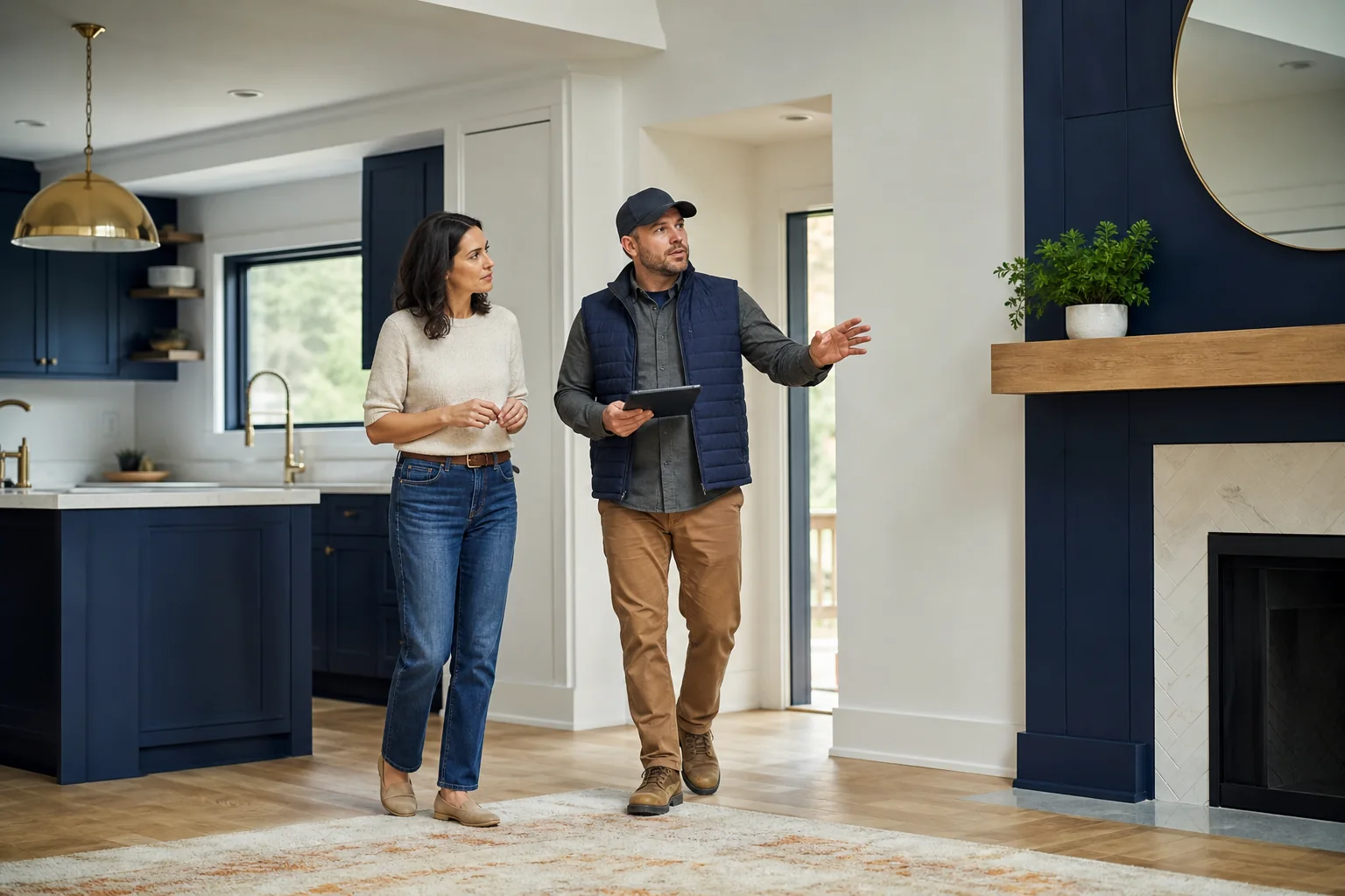 Homeowner and contractor reviewing a checklist during a final walk-through of a newly renovated kitchen, pointing out details.