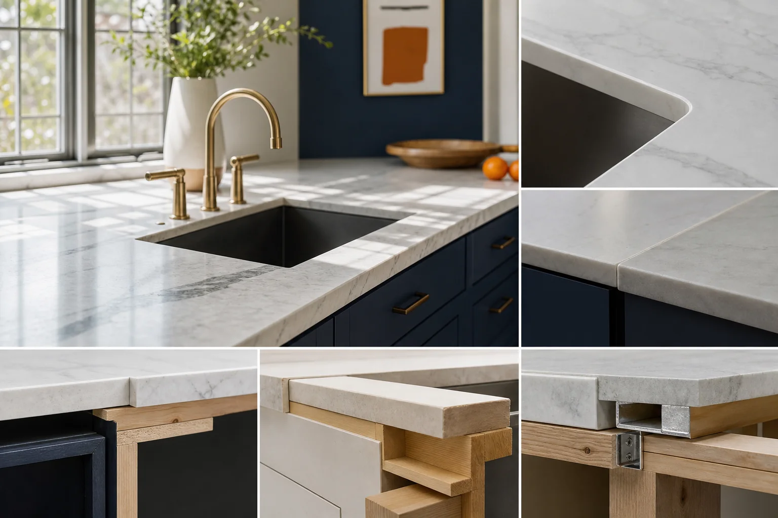 Close-up of a countertop edge profile, a sink cutout, and a subtle seam, highlighting fabrication quality.