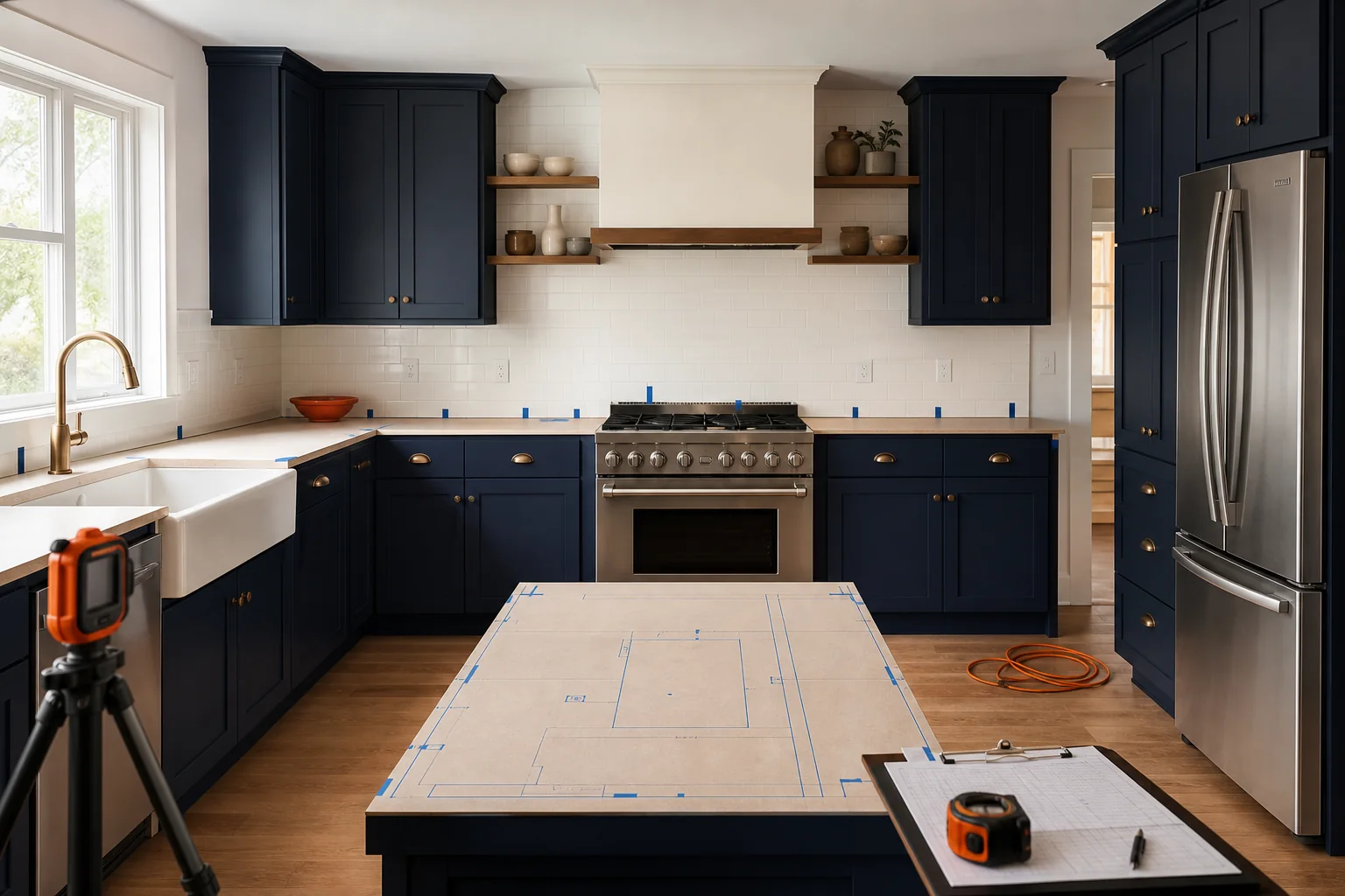 Kitchen countertop with a template laid out, showing precise measurements for a sink cutout and edge profiles.