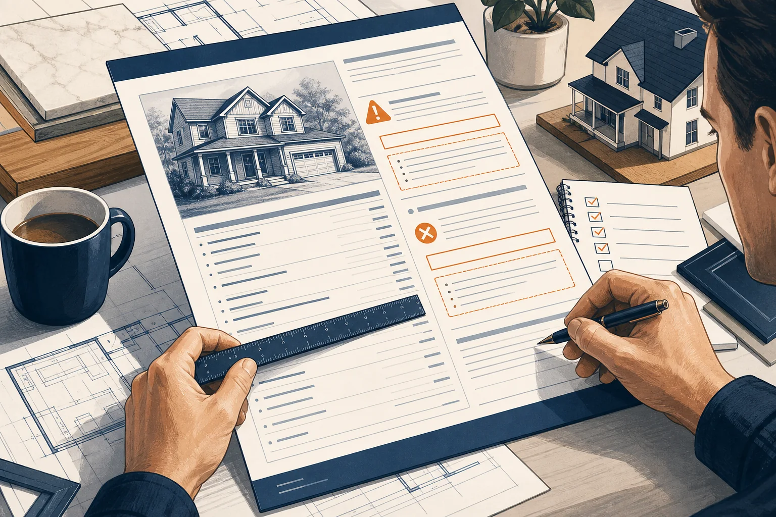 A homeowner's hand highlighting a section of a contractor's document that lists 'Assumptions and Exclusions' with a yellow marker.