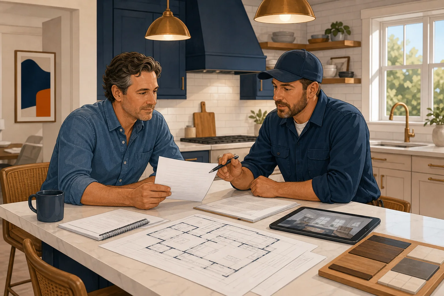 A homeowner and a contractor reviewing a document together, with the homeowner pointing to a section and the contractor listening attentively, implying a clarification discussion.