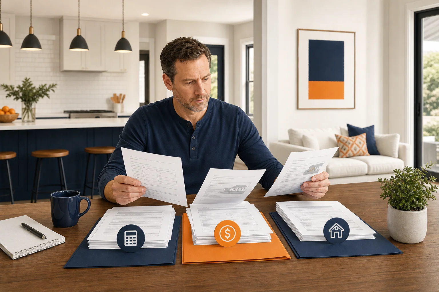 A contractor's hand pointing to a section of a document titled 'Estimate' on a clipboard, with a pen nearby.