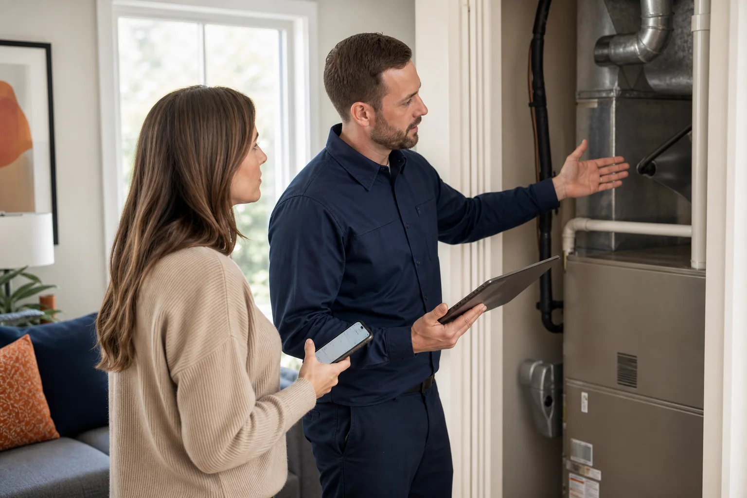 Homeowner reviewing a detailed HVAC baseline assessment report with a contractor, pointing to a section on ductwork integrity.