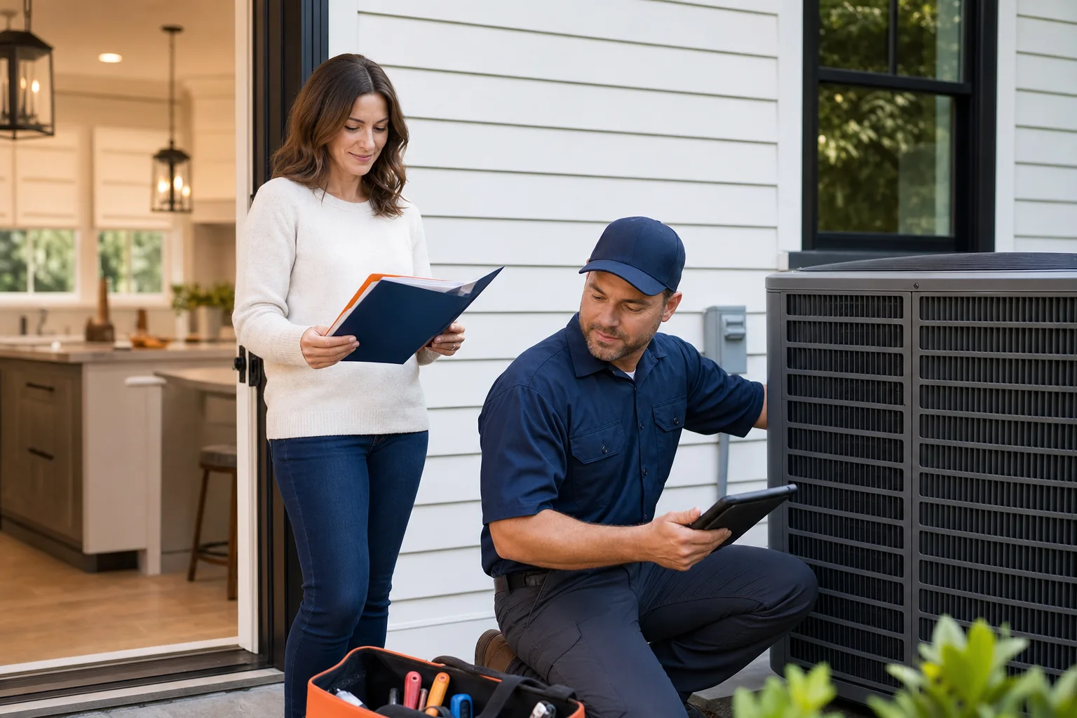 HVAC technician explaining the newly installed smart thermostat and system controls to a homeowner during the final commissioning process.