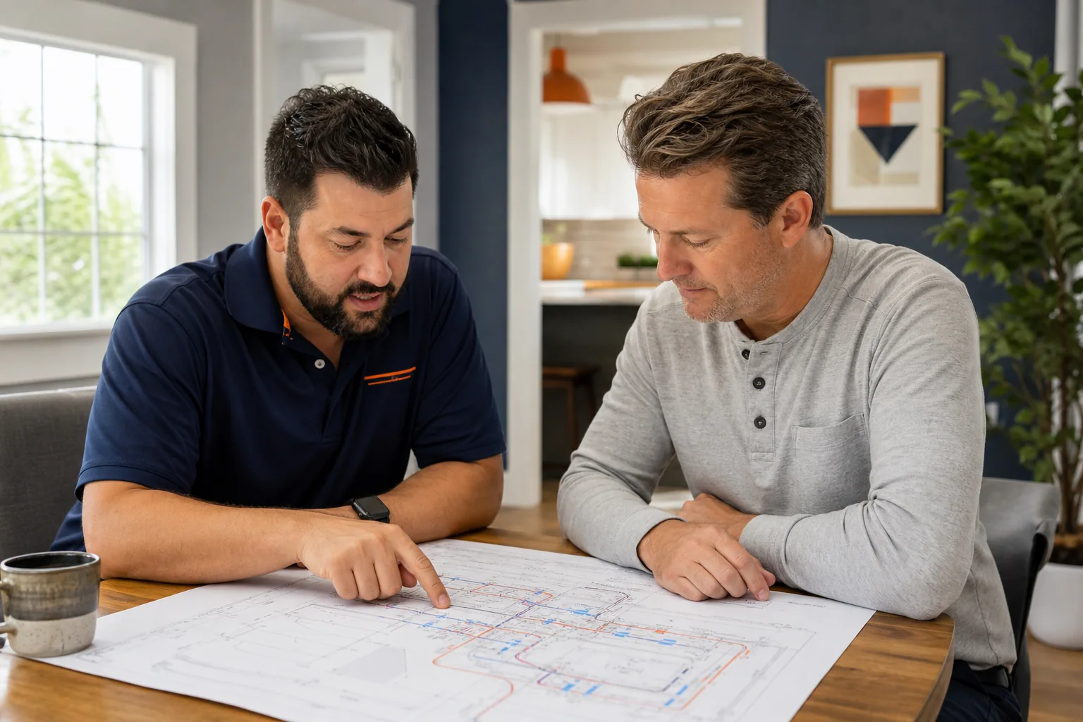 HVAC technician pointing to a detailed blueprint of a home's HVAC system design, showing ductwork layout and equipment placement.