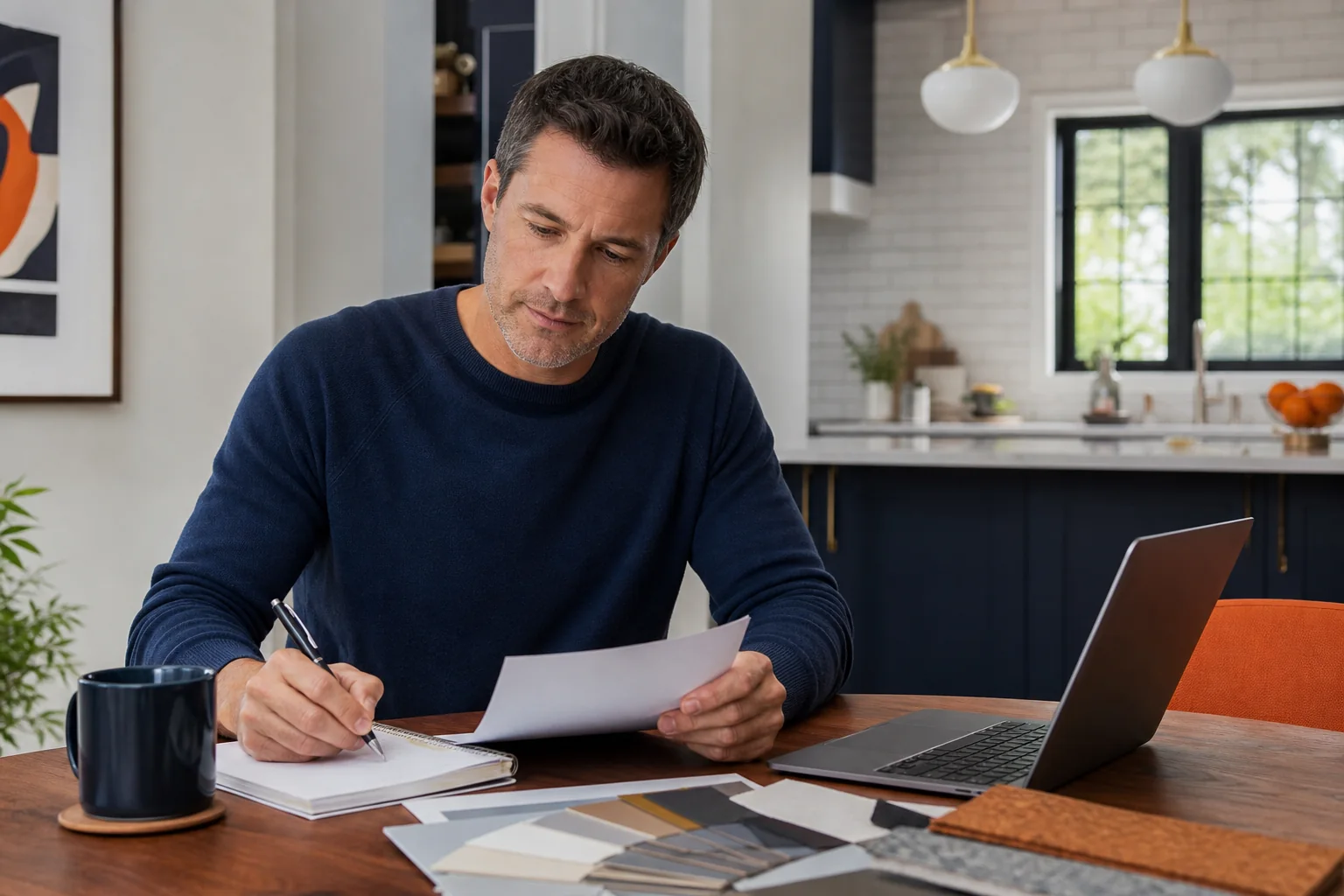 Homeowner reviewing a detailed project brief on a tablet, with renovation plans spread out on a table, emphasizing preparation before contractor interviews.