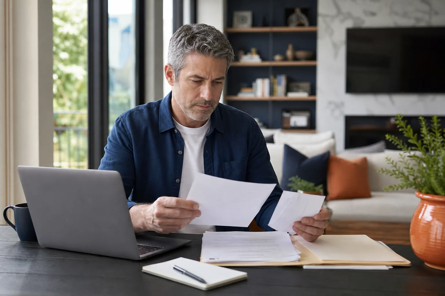 Homeowner reviewing contractor's portfolio and references on a laptop, with a checklist and pen, emphasizing the importance of verifying information.