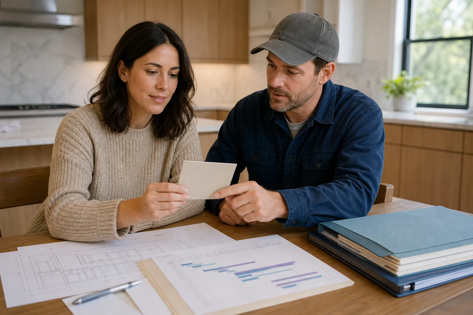 A contractor and homeowner reviewing a change order document on a clipboard, with a partially renovated kitchen in the background, emphasizing the importance of formalizing changes.