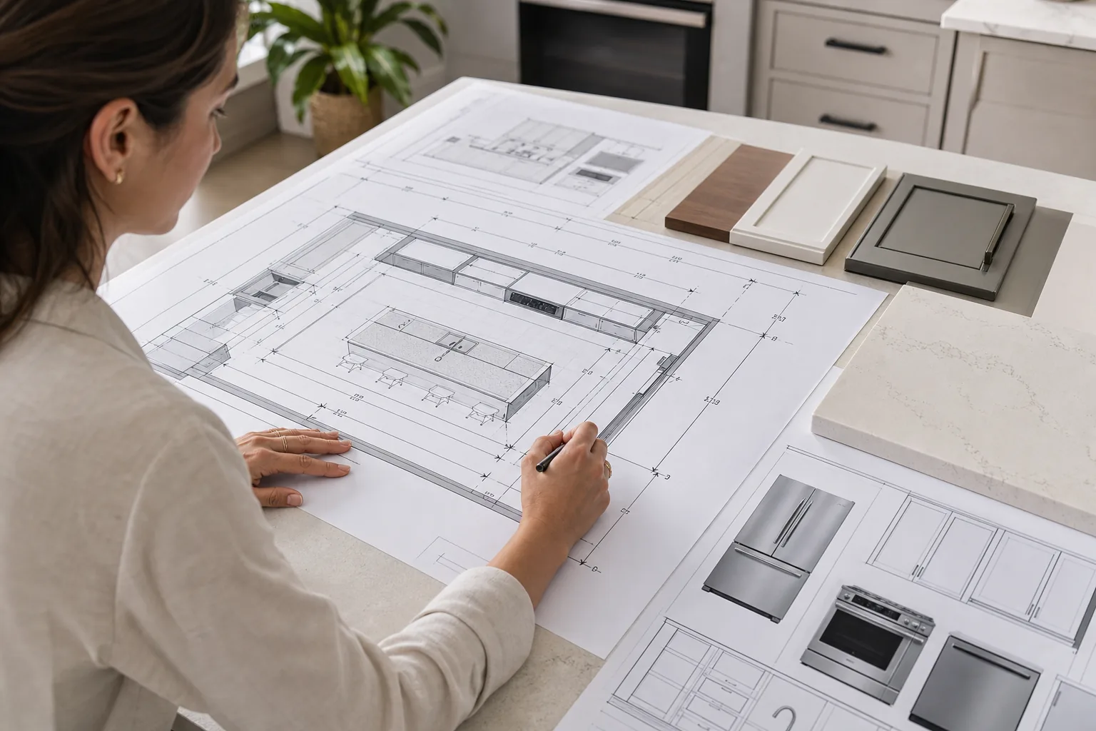 A detailed architectural drawing of a kitchen layout with various dimensions marked, including cabinet widths, appliance clearances, and island size.