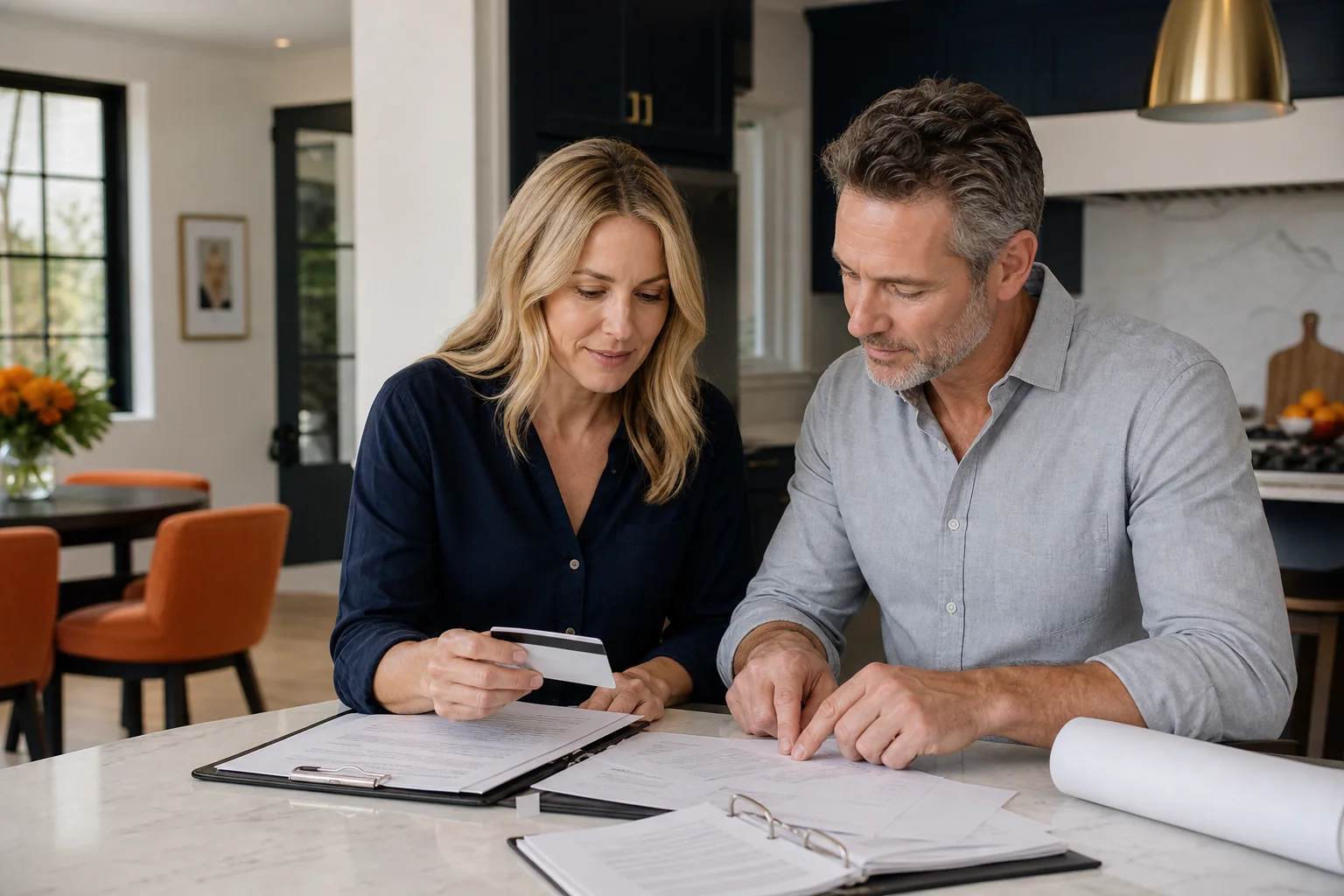 A homeowner reviewing a checklist with a contractor, with a 'Final Payment' box prominently checked, signifying completion and satisfaction.
