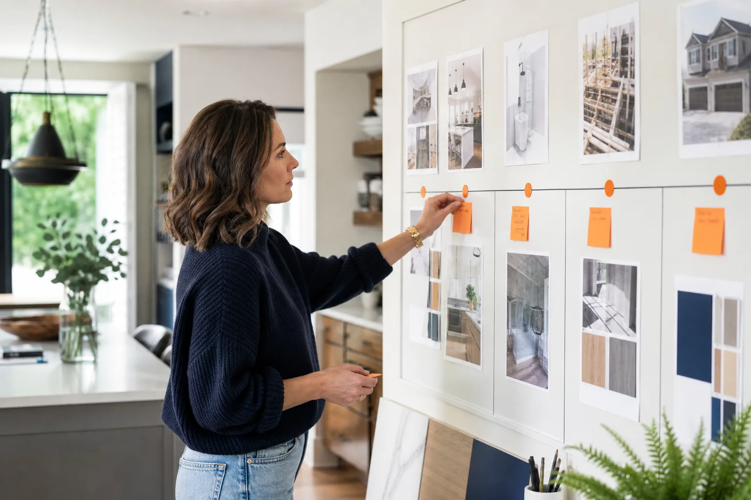 A homeowner and contractor reviewing a project plan with clearly marked milestones and associated payment dates.