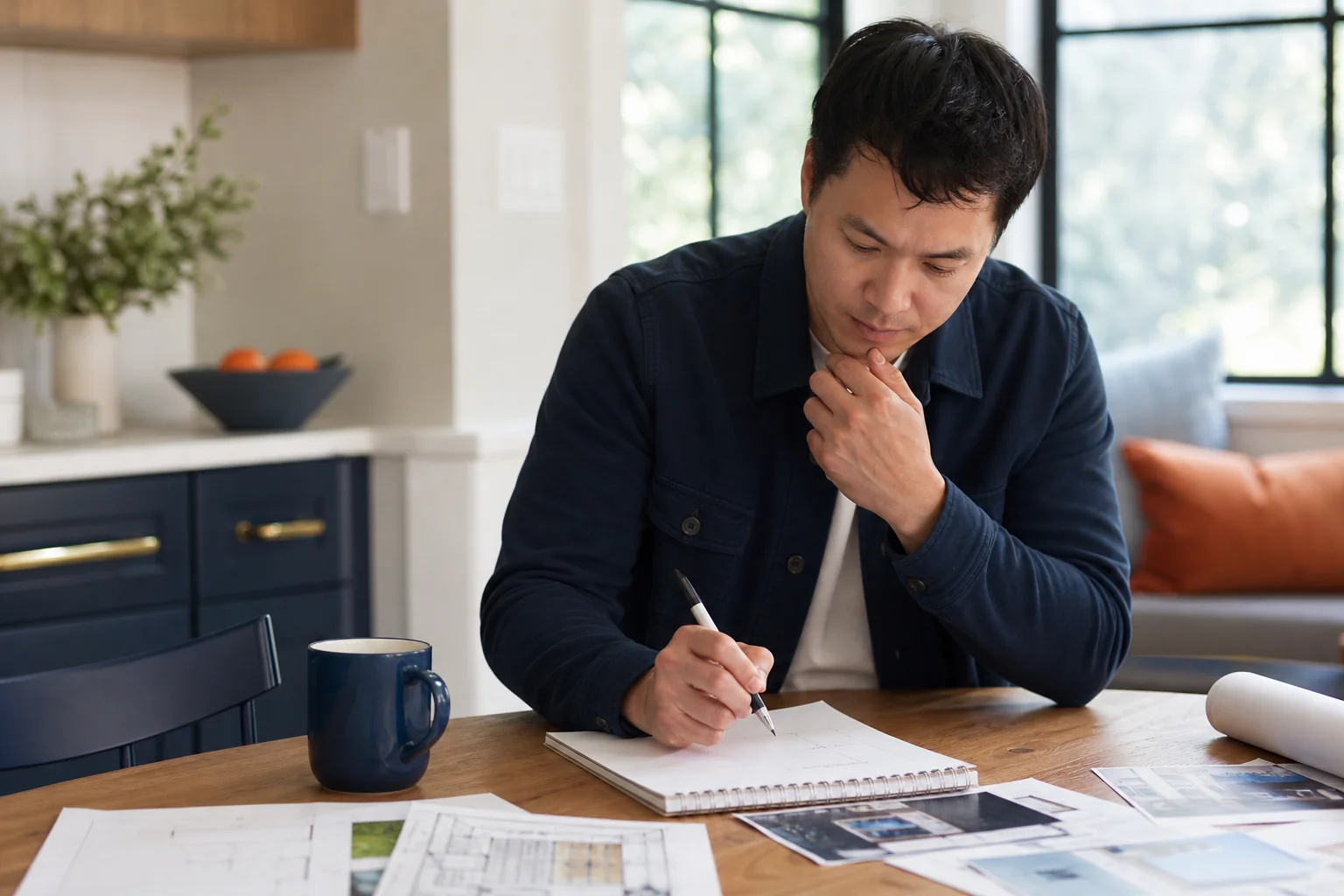 A homeowner sits at a desk, reviewing a detailed permit question sheet with notes and highlighted sections, surrounded by architectural plans and local government documents.