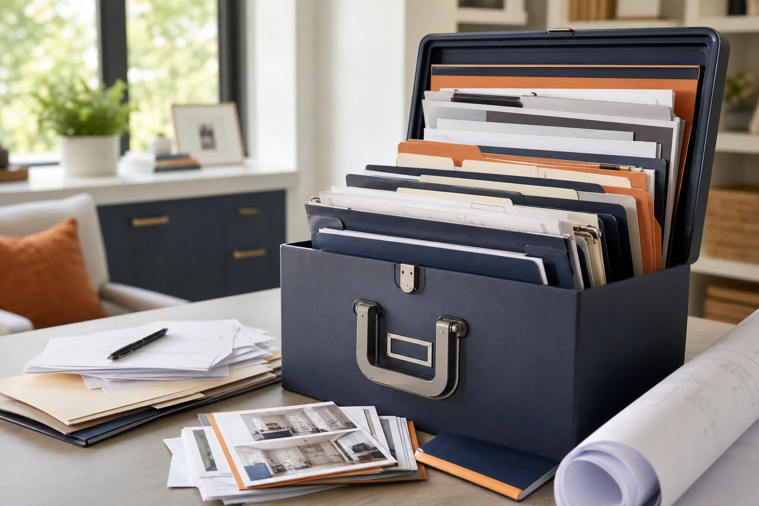 A homeowner reviews a binder filled with permit documents, inspection reports, and project logs, with a laptop displaying an online permit tracking portal in the background.