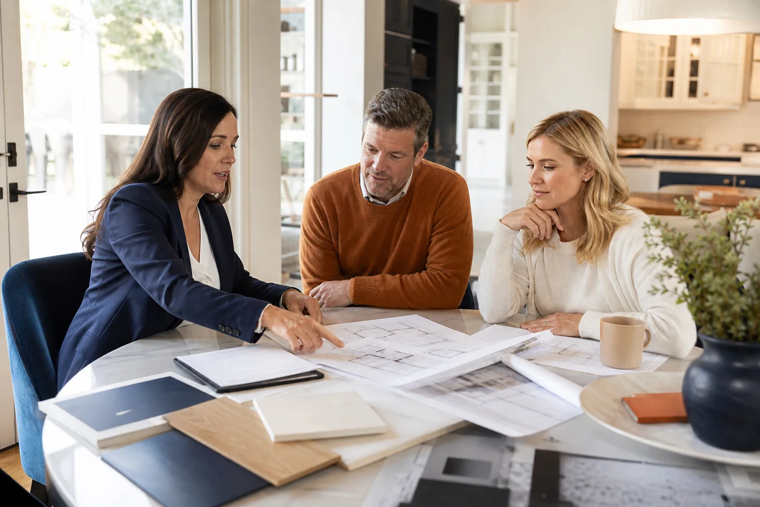 Homeowner and contractor reviewing blueprints at a table, discussing renovation plans during a preconstruction meeting.