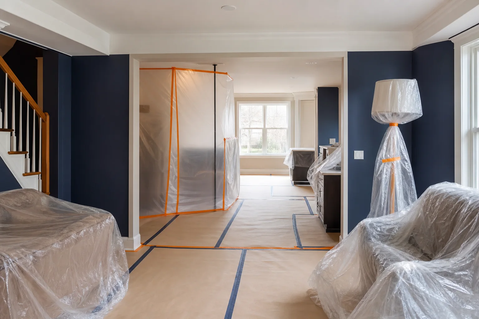 Plastic sheeting and dust barriers protecting furniture and doorways in a home undergoing renovation, with a 'Do Not Enter' sign.