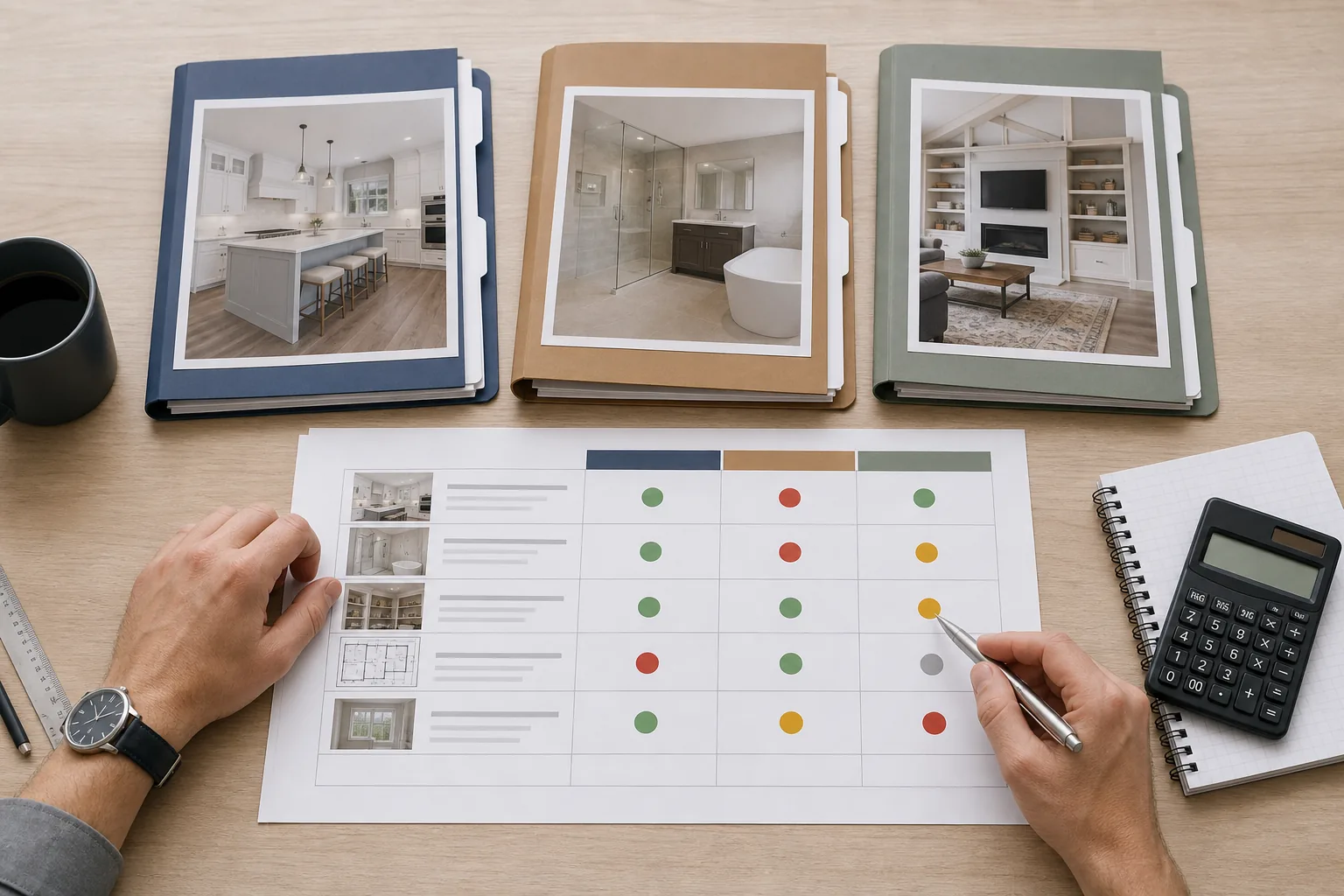 Homeowner comparing three contractor proposals against one master scope checklist
