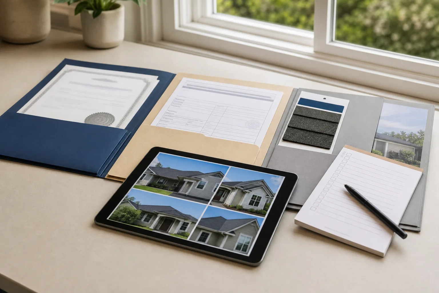 Homeowner conducting a final walkthrough inspection of a newly installed roof with a contractor, reviewing a checklist on a tablet.