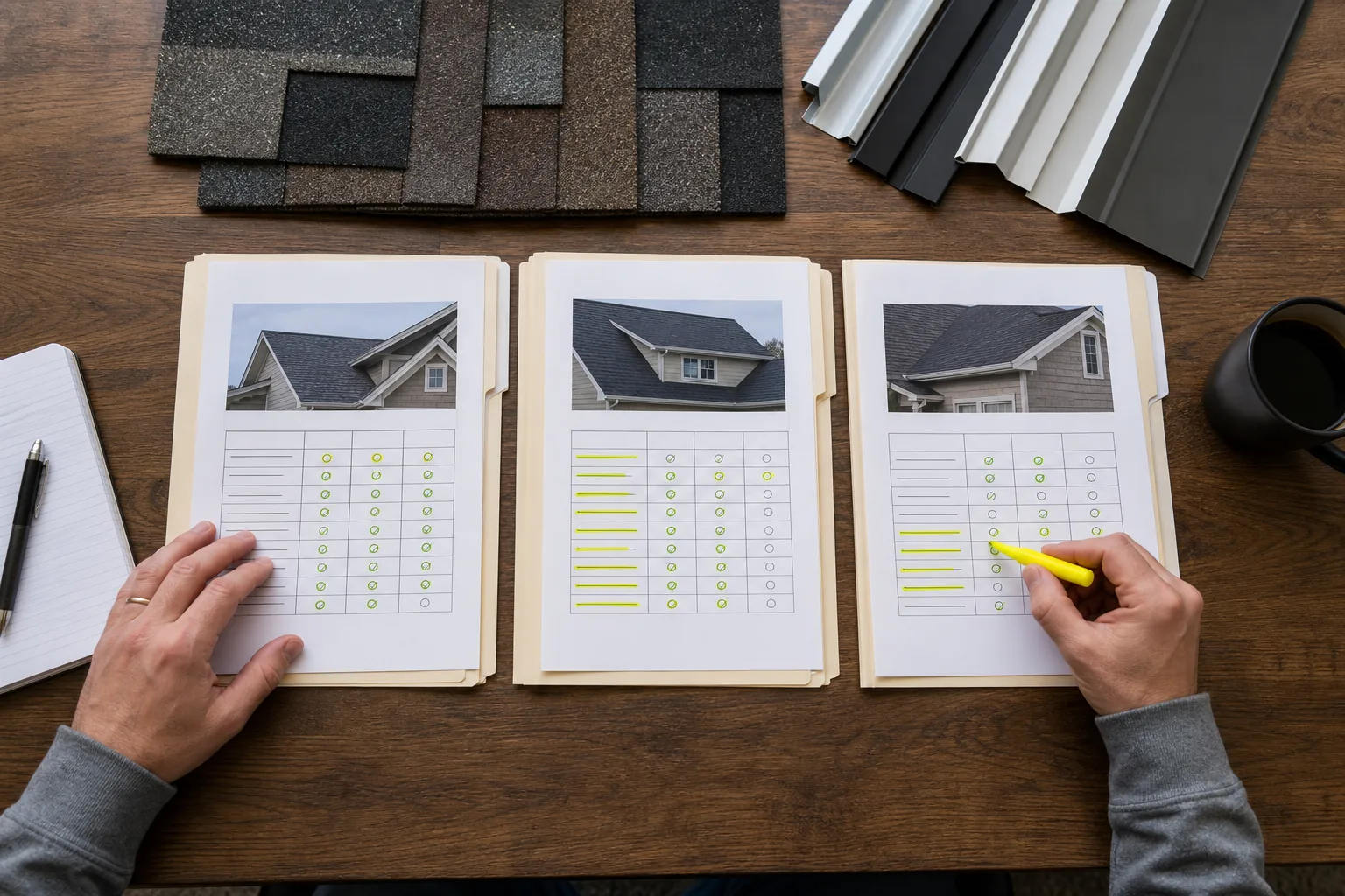 Homeowner comparing multiple contractor proposals for a roof replacement, highlighting line items in a spreadsheet on a laptop.