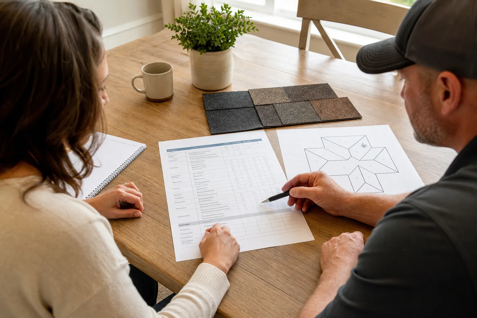 Homeowner reviewing a detailed roof replacement checklist with a contractor, pointing to specific items on a clipboard.
