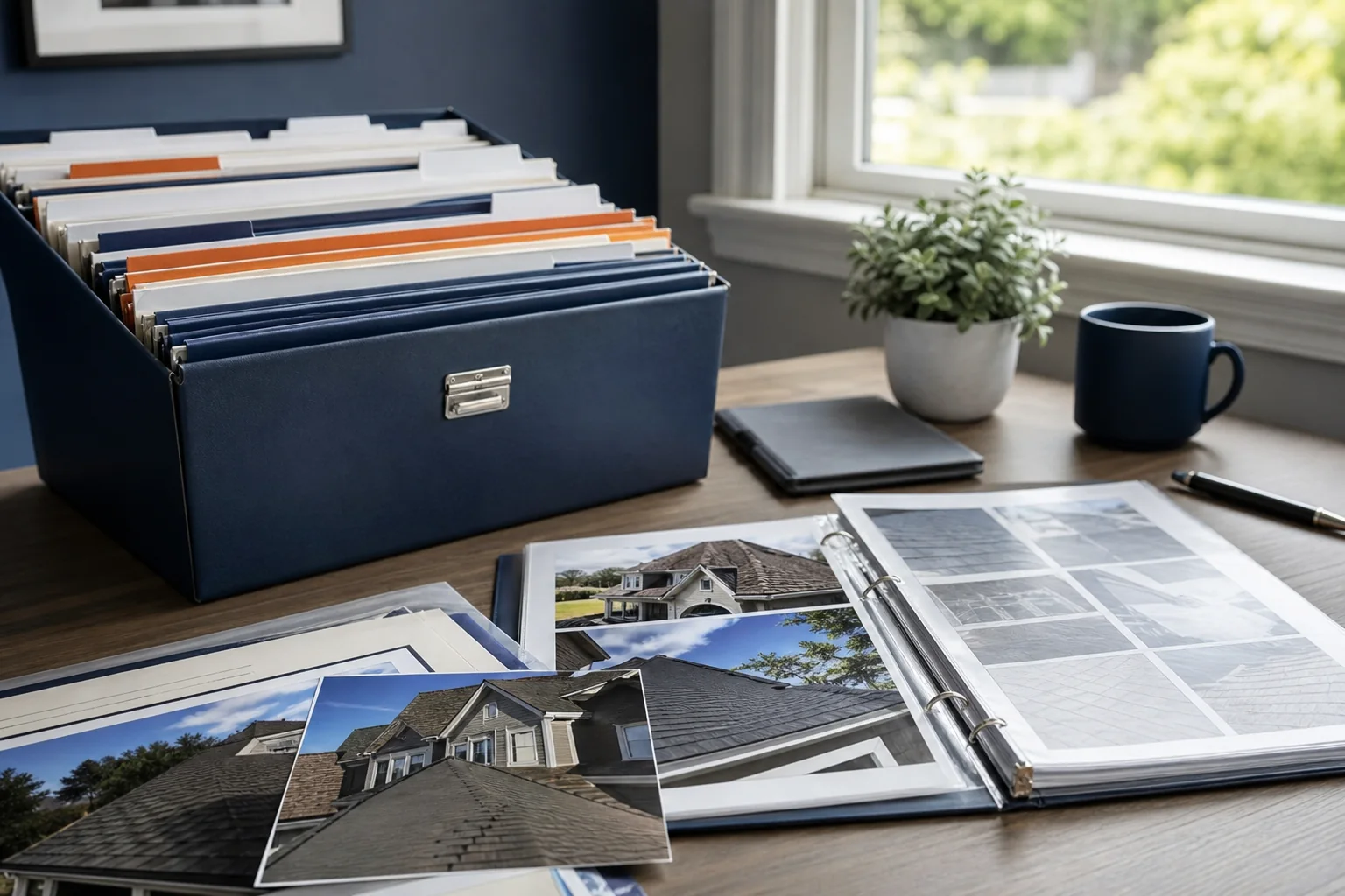 A well-organized file folder labeled 'Roof Warranty Documents' containing contracts, warranty certificates, invoices, and maintenance records.