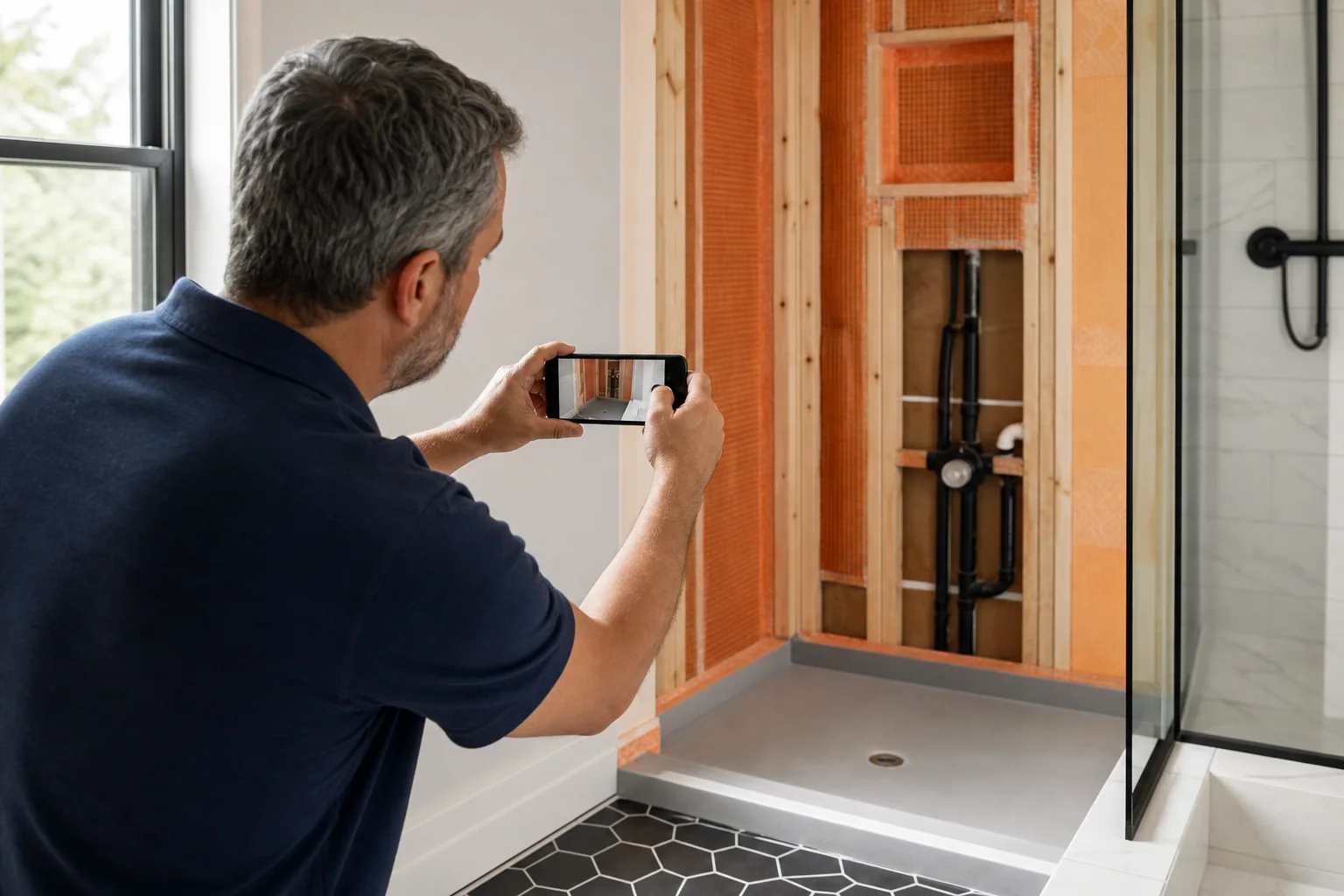 A series of photographs documenting the stages of bathroom waterproofing installation, showing the bare substrate, the applied membrane, sealed seams and penetrations, and a flood test in progress, all before tile installation.