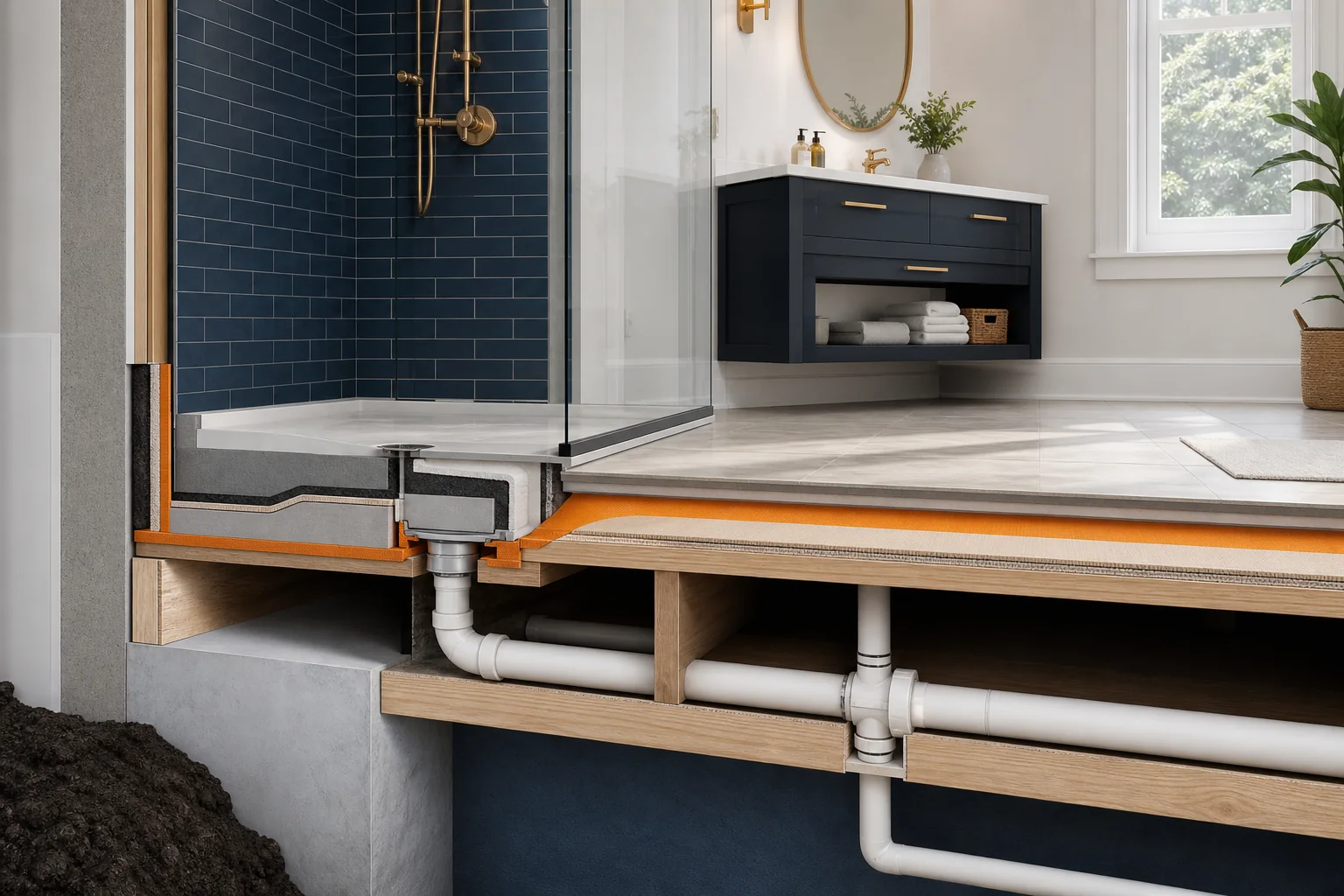 Diagram showing a cross-section of a fully integrated bathroom waterproofing system, including a waterproof membrane, backer board, sealed joints, and a properly sloped shower pan with a drain, all working together as a coherent assembly.