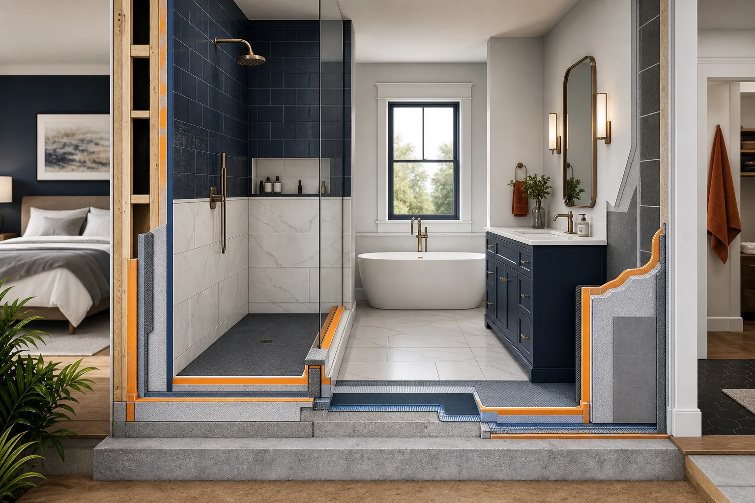 Diagram illustrating direct wet zones, indirect wet zones, and critical transition points in a bathroom, including shower walls, shower pan, tub surround, floor around toilet and vanity, and floor-to-wall junctions.