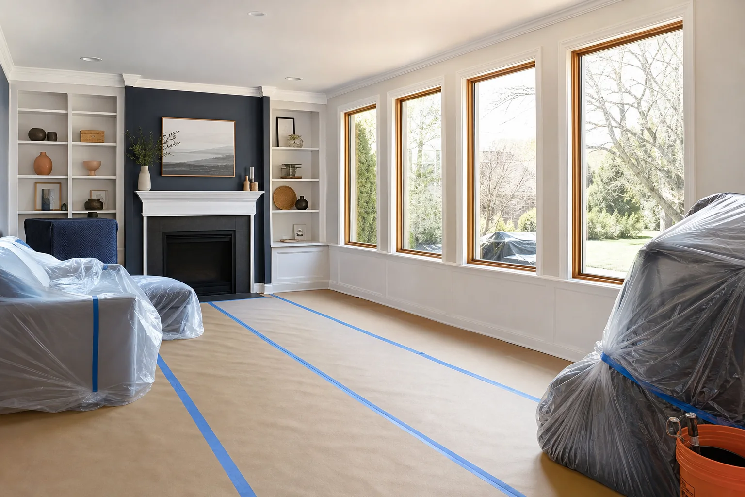 Homeowner clearing furniture and belongings from a room in preparation for window installation, with drop cloths already laid out.