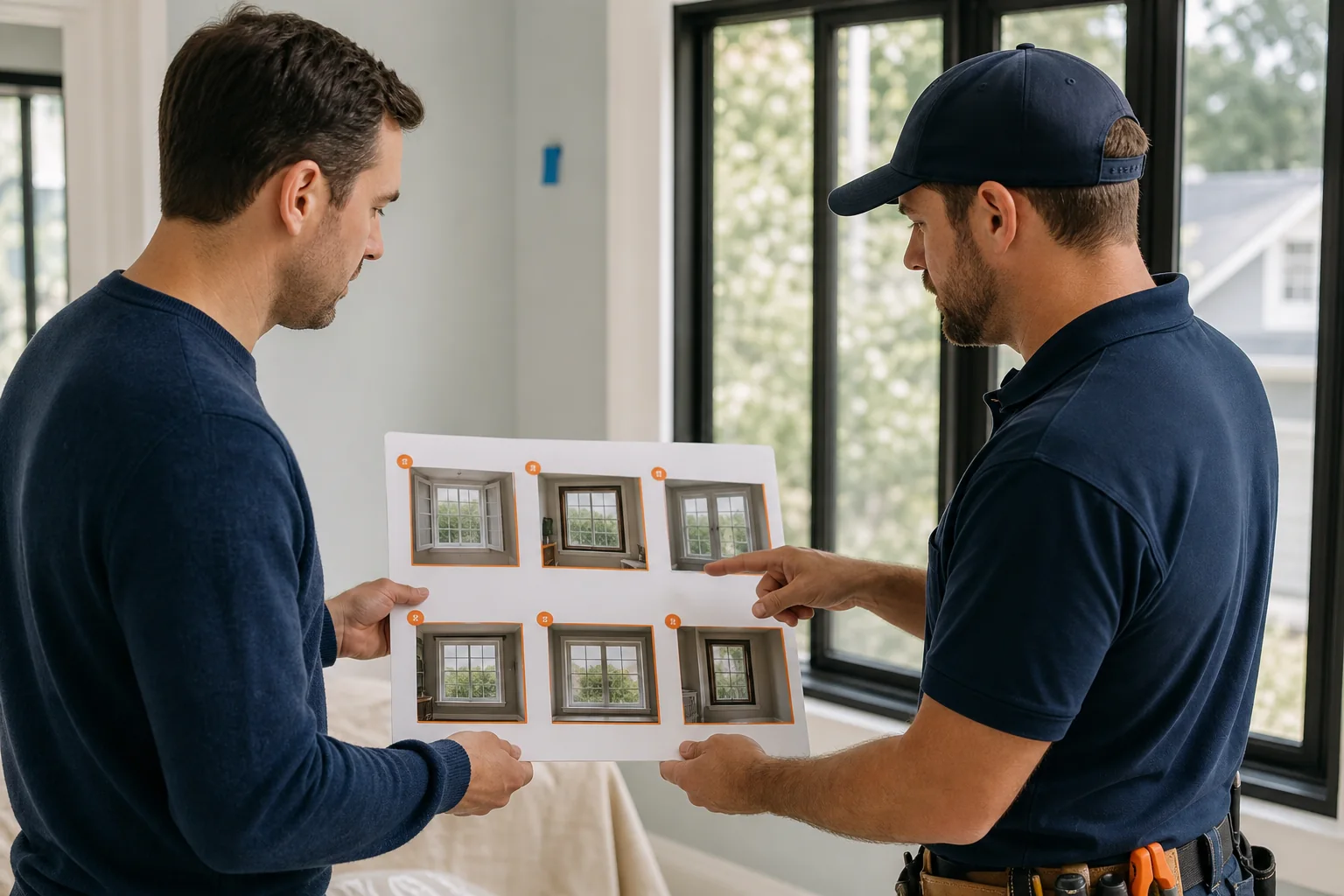 Homeowner and contractor reviewing a window installation plan on a tablet, pointing to specific windows on a house diagram.