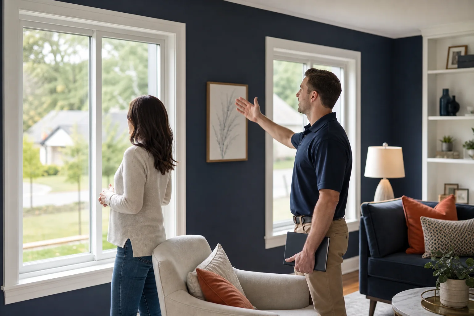 Homeowner and contractor inspecting a newly installed window during a final walkthrough, pointing at the frame.