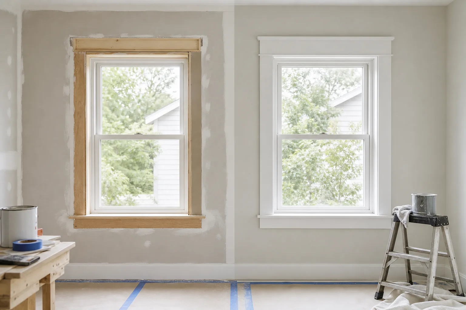 Newly installed window with fresh interior trim and paint, showing a clean, finished look
