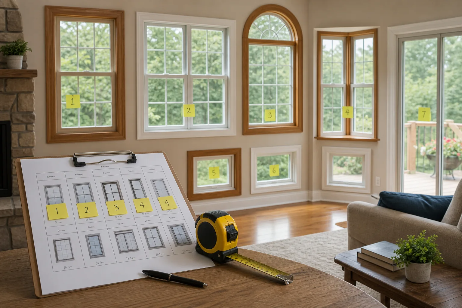 Homeowner measuring a window opening with a tape measure, documenting details on a clipboard